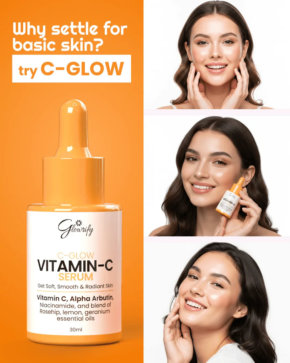 Glowrify C-Glow Vitamin C Serum for radiant skin with essential oils, shown with glowing models