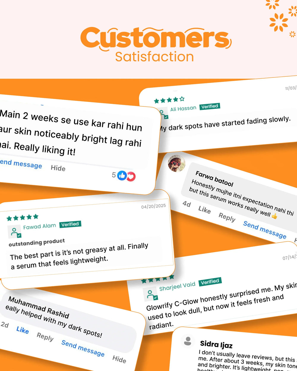 Customer reviews for natural skincare serum, highlighting brightening, lightweight formula & dark spot reduction