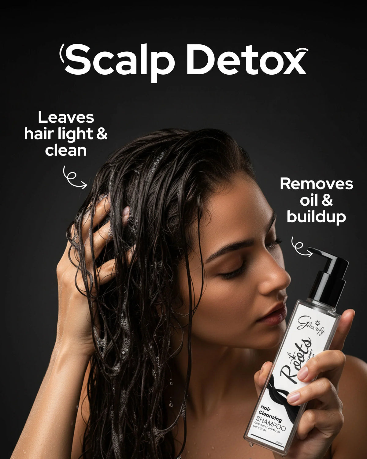 Woman using Scalp Detox hair cleansing shampoo with charcoal and jojoba oil for clean, light hair