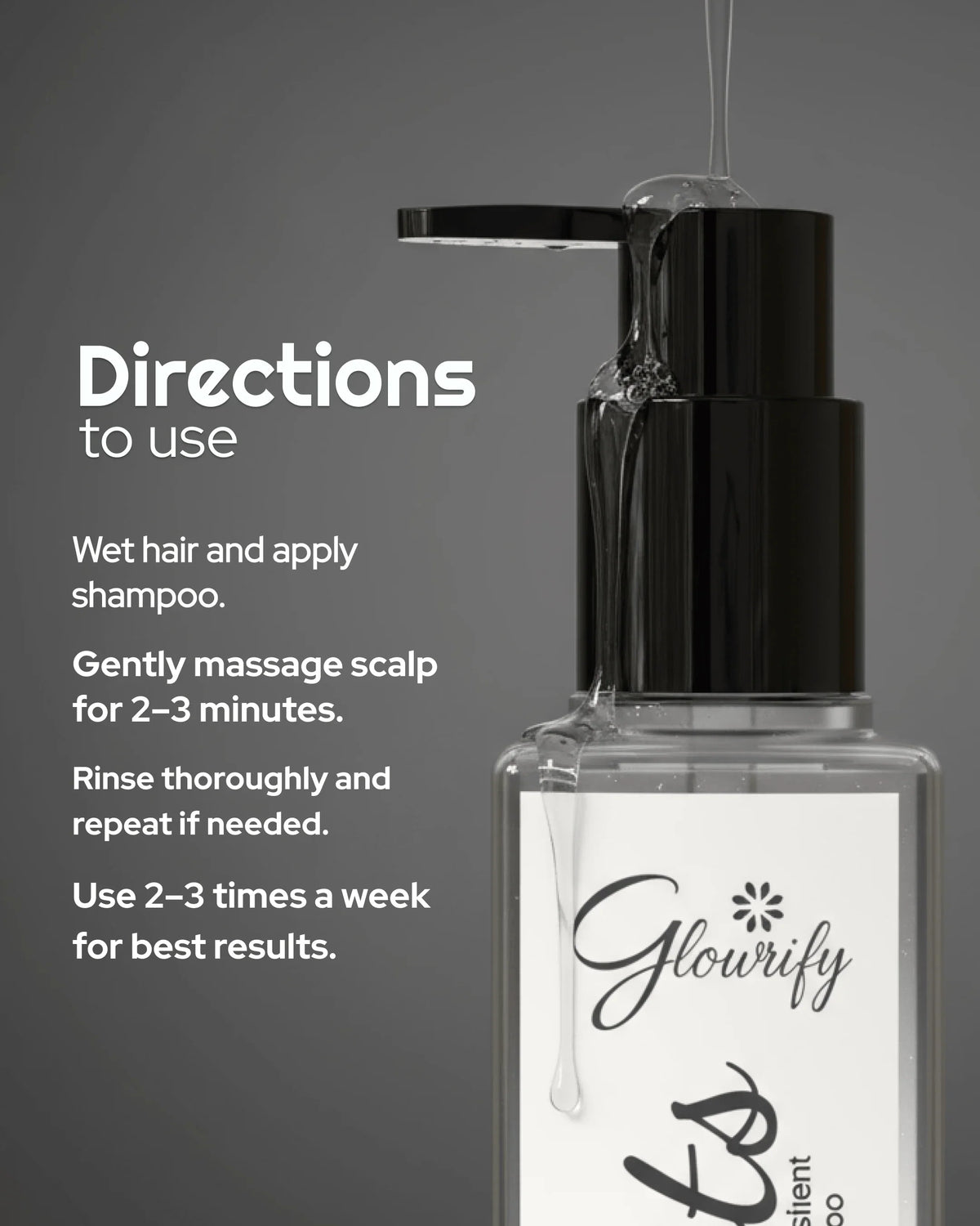 Glowrify shampoo bottle with pump dispensing clear liquid, usage directions for scalp massage and hair care