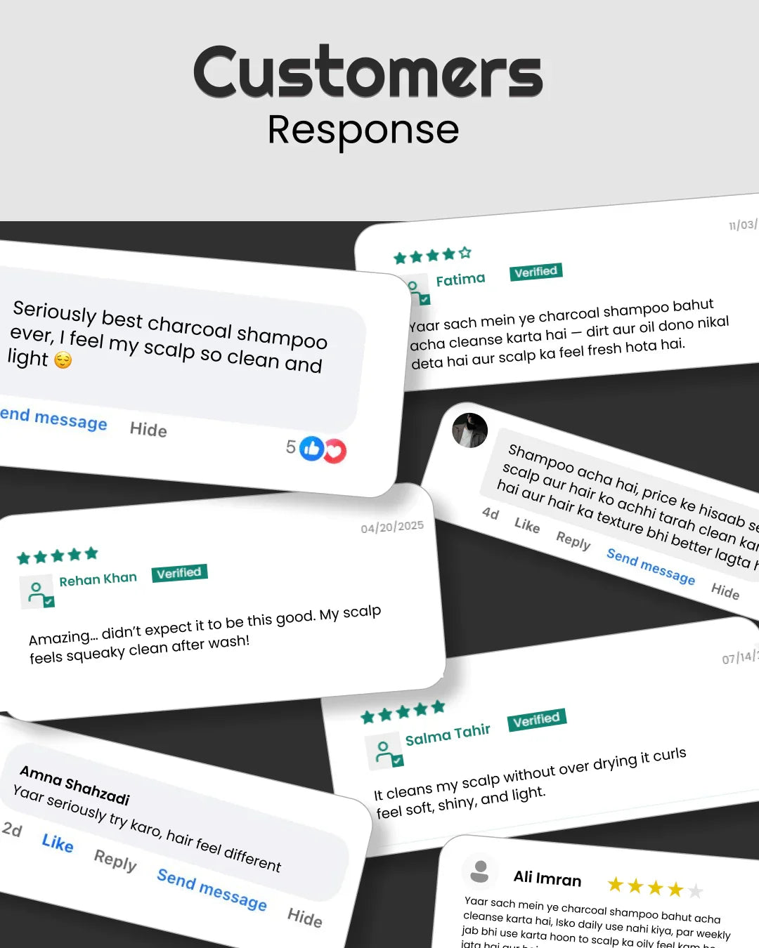 Customer reviews praising natural charcoal shampoo for clean, soft, and shiny hair — verified feedback on scalp care