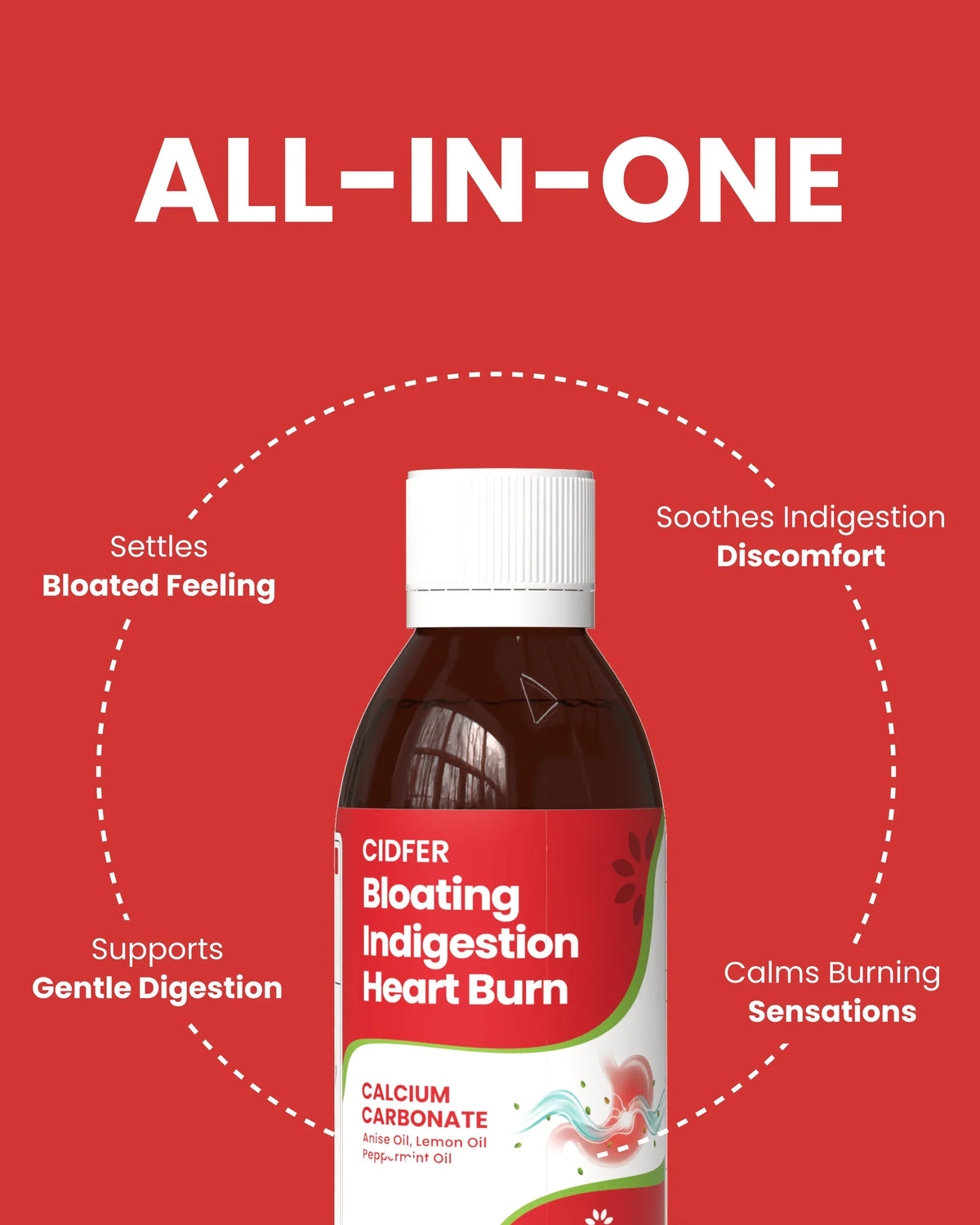 CIDFER digestive relief bottle for bloating, indigestion & heartburn with calcium carbonate and essential oils