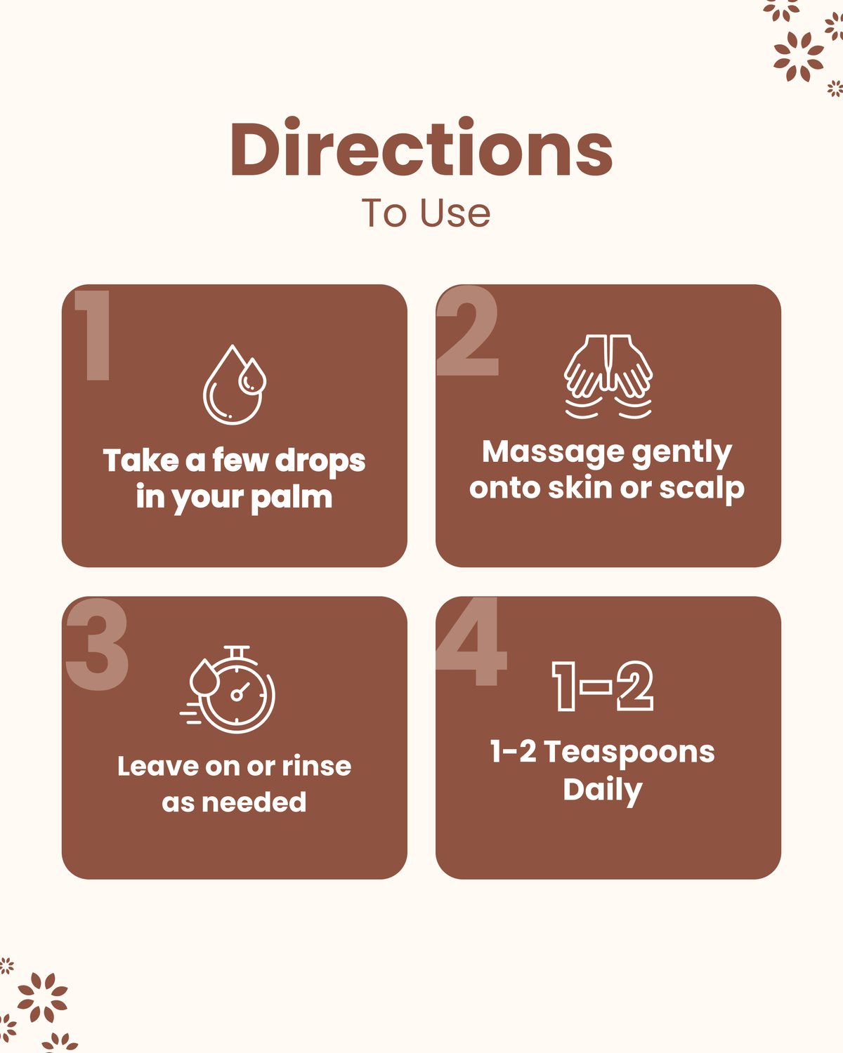 Directions for using natural wellness oil: apply drops, massage skin or scalp, leave or rinse, 1-2 tsp daily