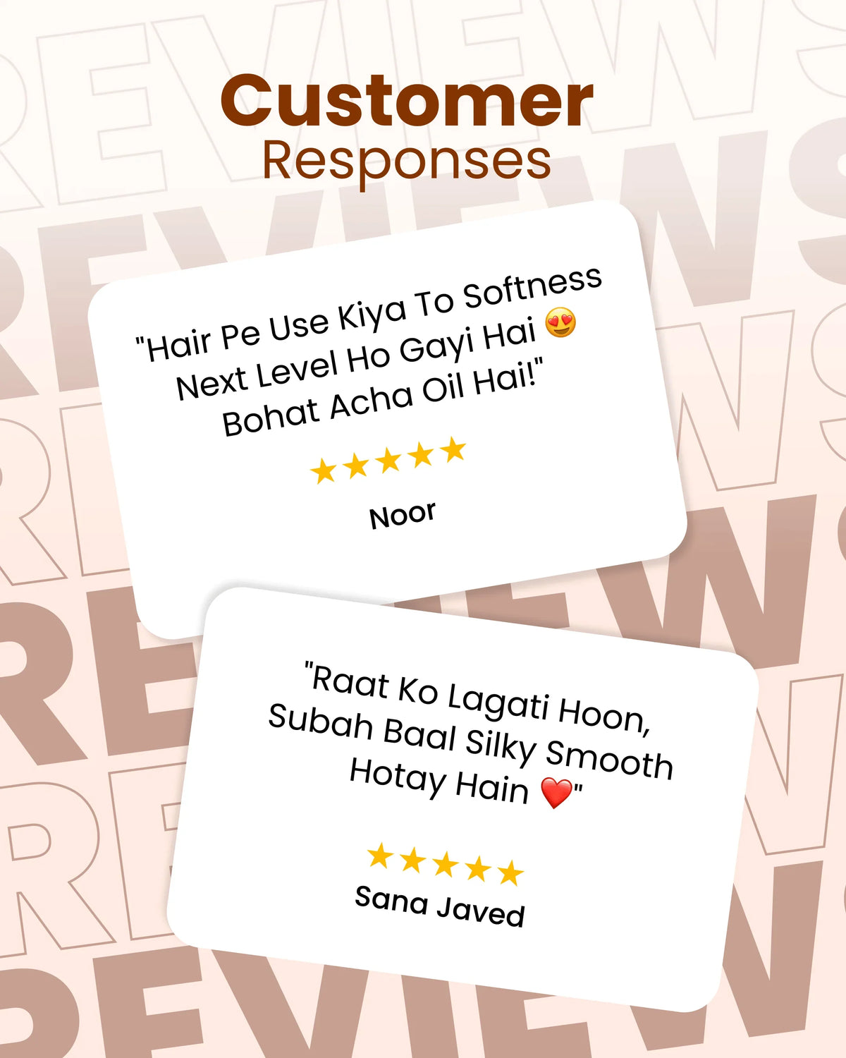 Customer reviews praising hair oil for softness and smoothness with 5-star ratings