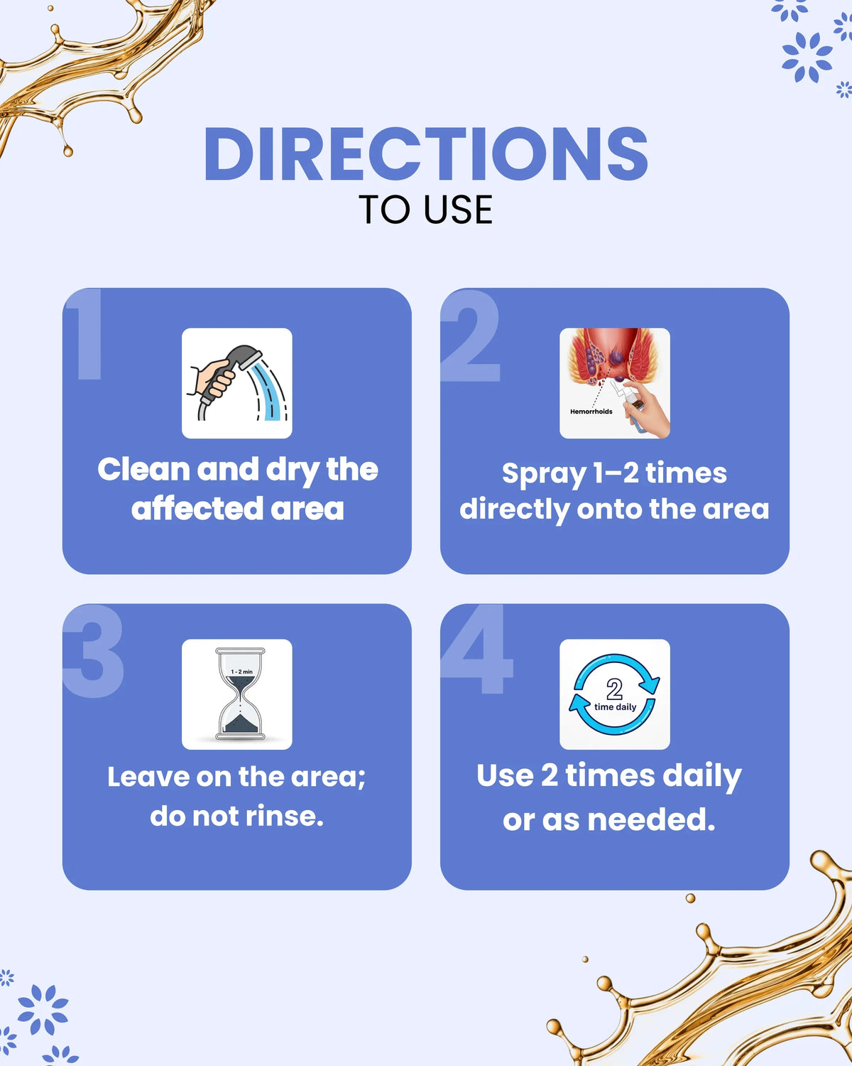 Hemorrhoid spray usage guide: clean, spray, leave on, use twice daily for relief