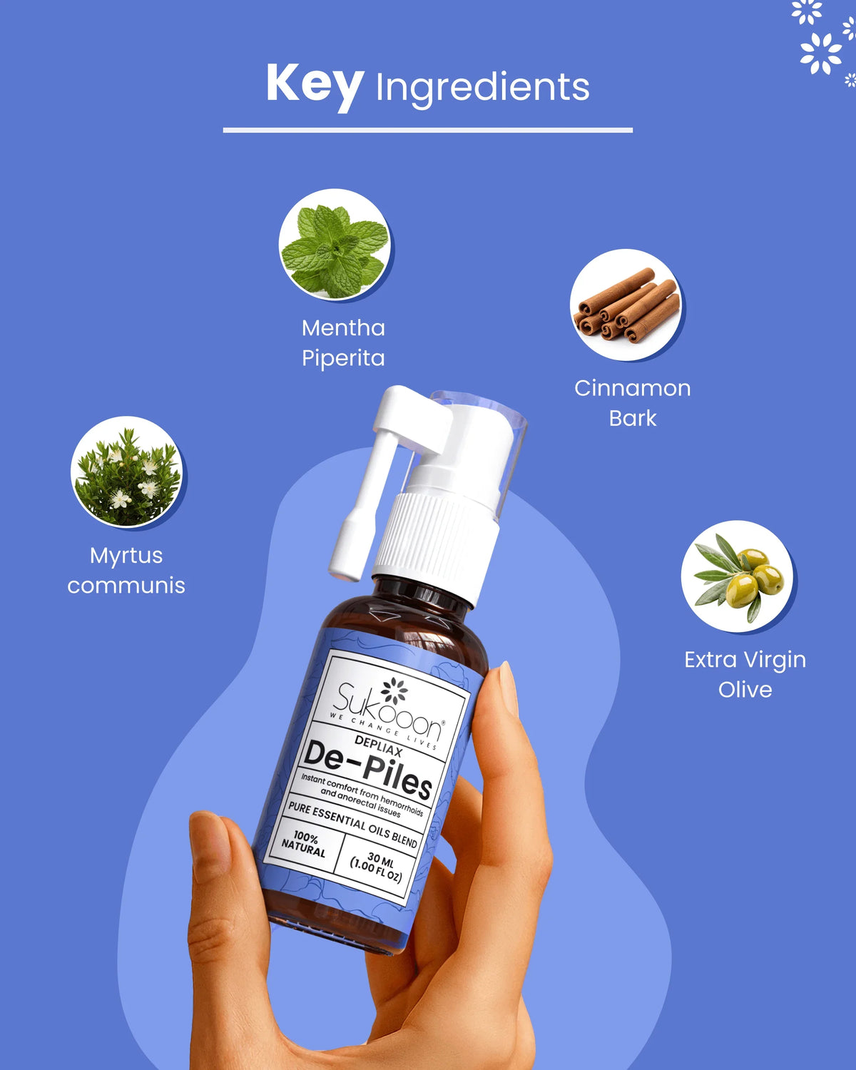 Natural essential oil blend for hemorrhoid relief with peppermint, cinnamon, tea tree & olive oil ingredients