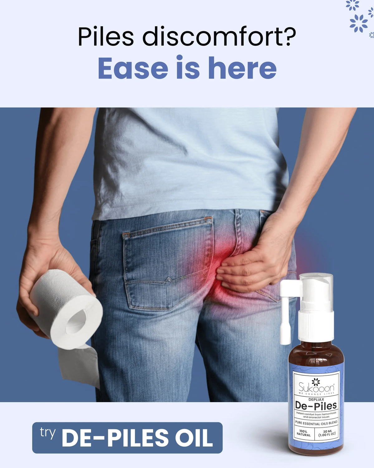De-Piles oil for hemorrhoid relief, natural essential oil blend, shown with person holding toilet paper
