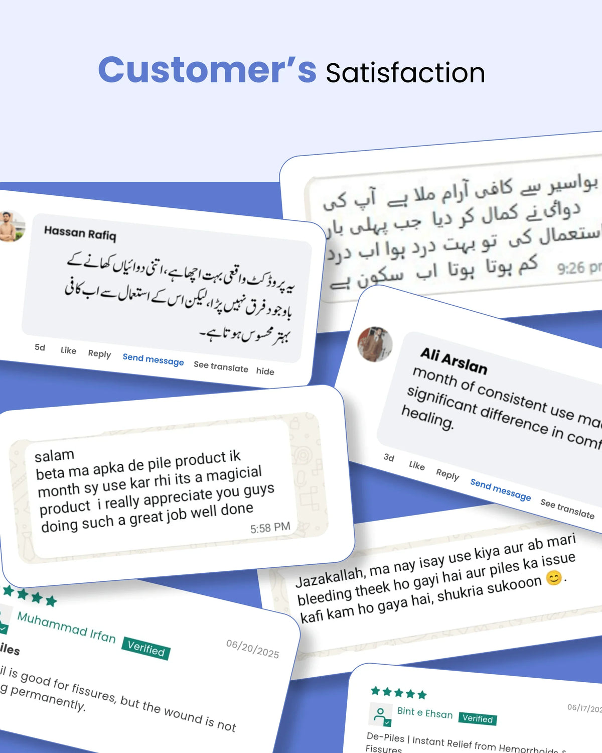 Customer satisfaction reviews for natural wellness products with 5-star ratings and testimonials