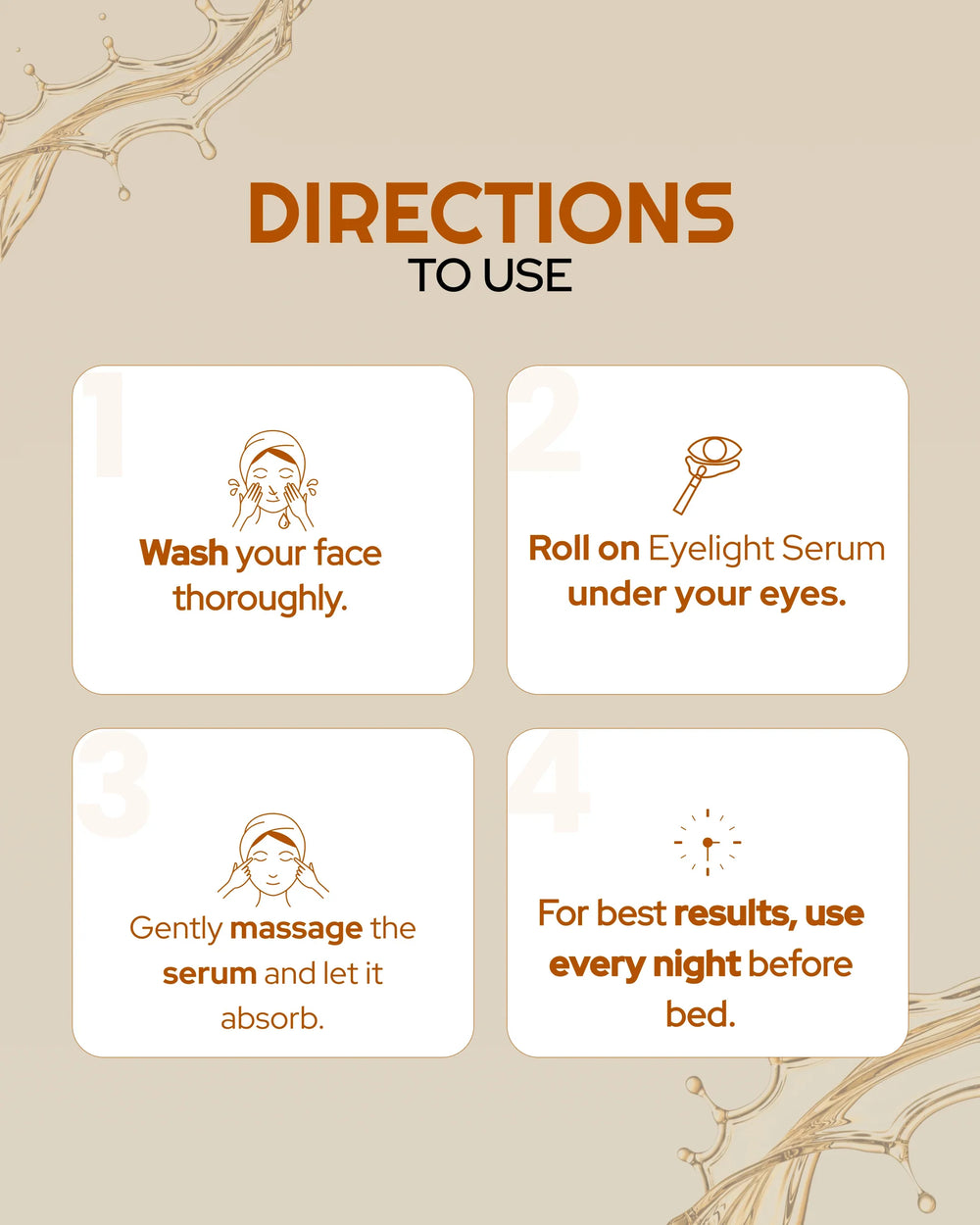 Eyelight Serum usage guide: wash face, roll under eyes, massage, use nightly for best results