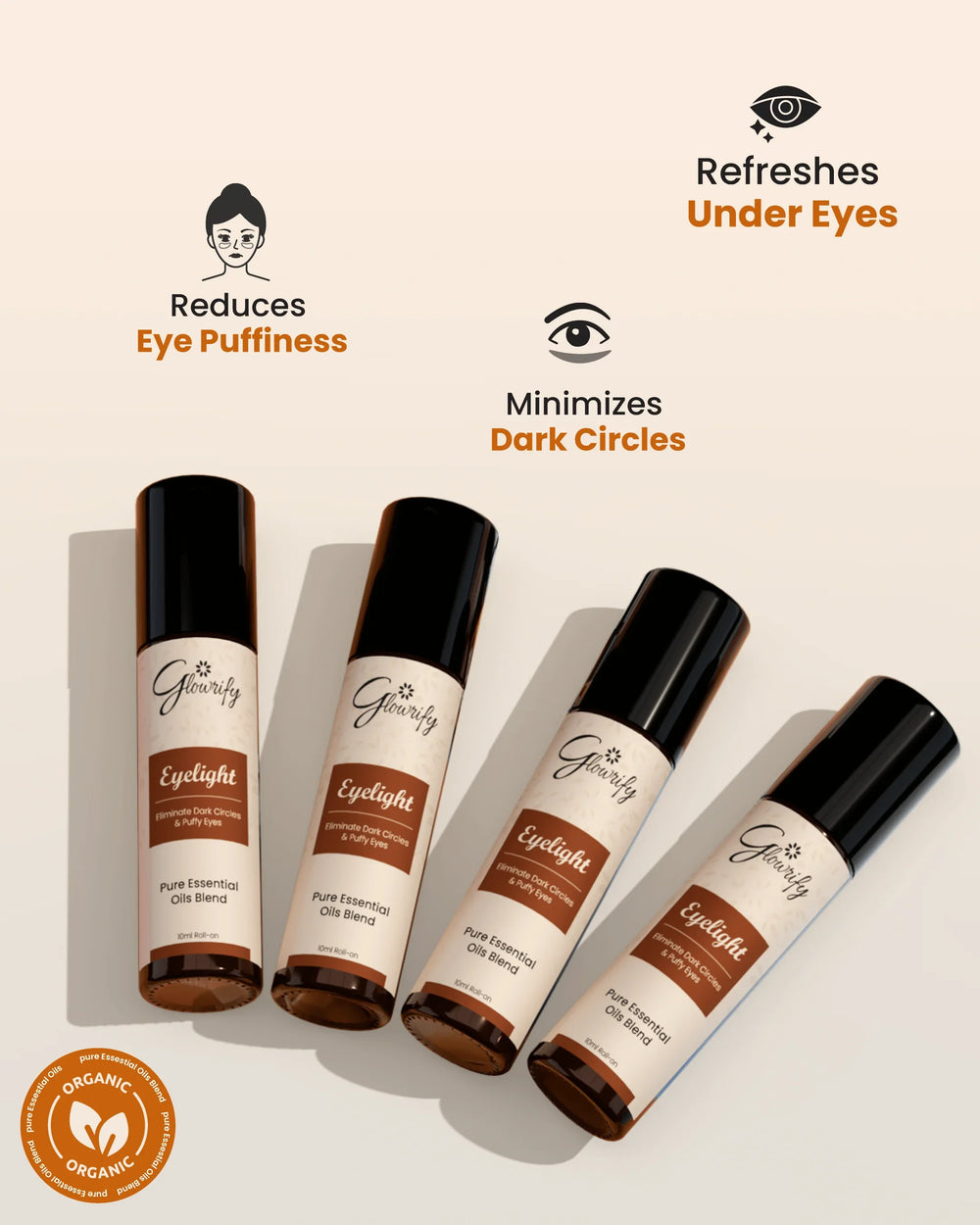 Glowrify Eyelight roll-on with pure essential oils blend to reduce puffiness, dark circles, and refresh under eyes
