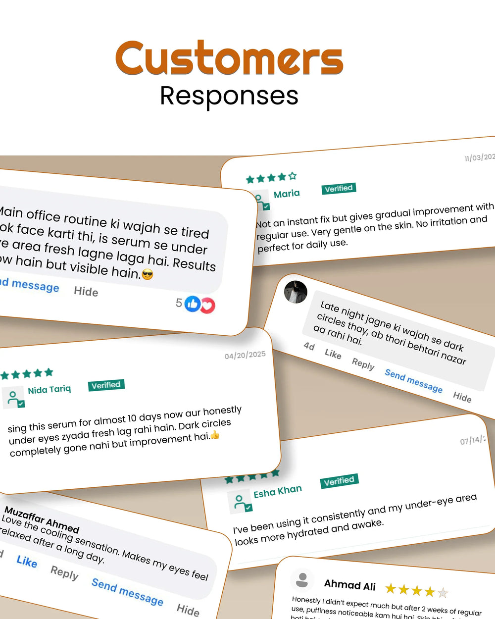 Customer reviews for under-eye serum showing improved dark circles, hydration, and gentle daily use results