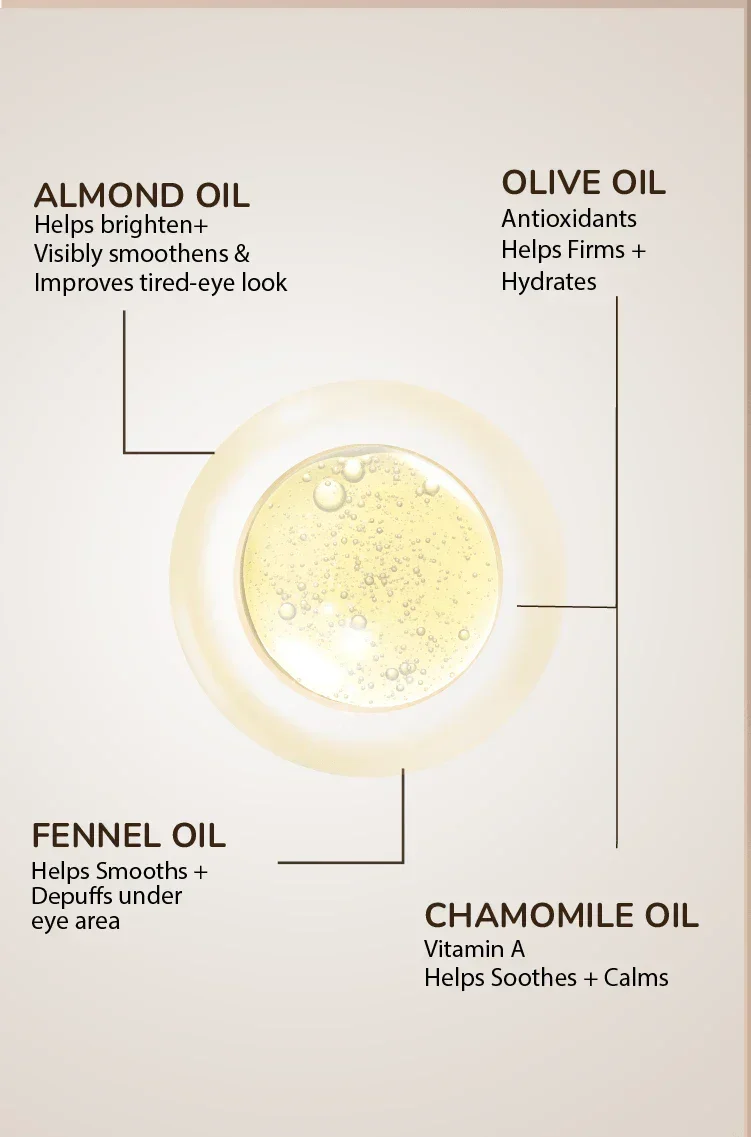 Natural eye oil blend with almond, olive, fennel & chamomile oils for brightening, firming, soothing