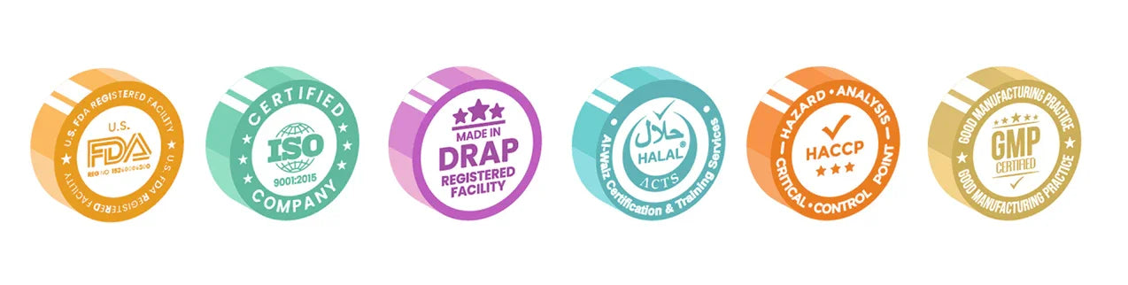 FDA, ISO, DRAP, Halal, HACCP, and GMP certified wellness product seals