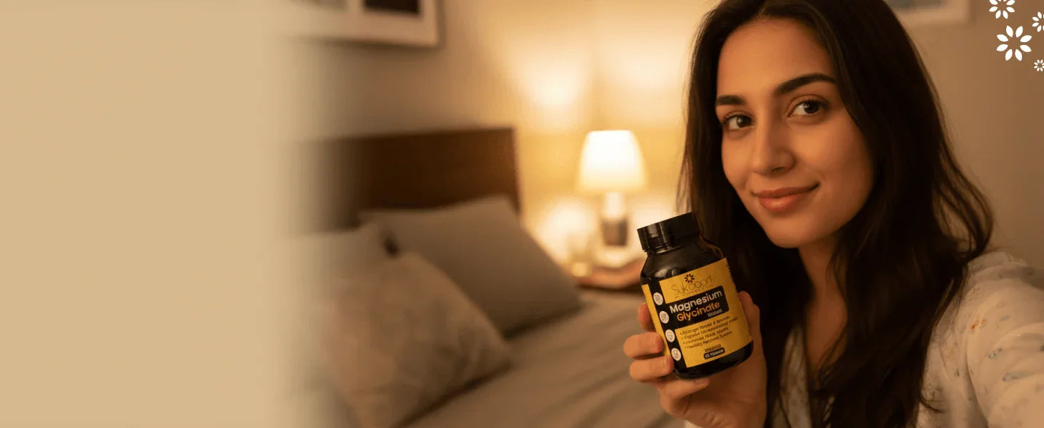 Woman holding Magnesium Glycinate supplement bottle in cozy bedroom, natural wellness product