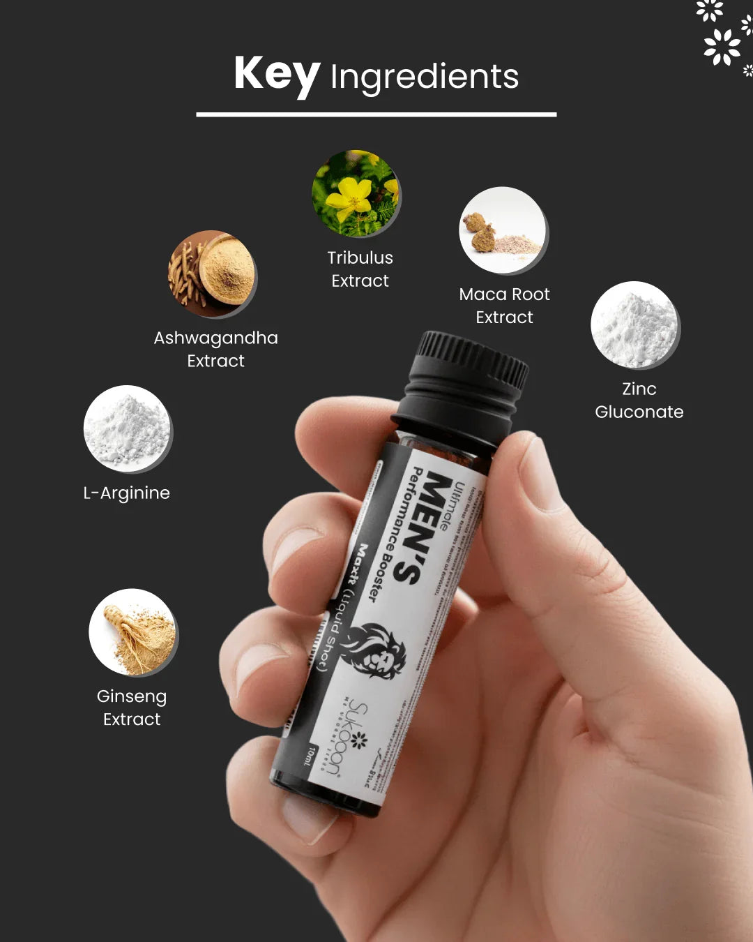 Men's Performance Booster liquid shot with natural ingredients like Ashwagandha, Maca Root, and Zinc