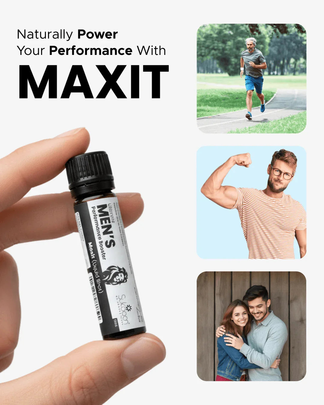 Men's performance booster supplement bottle with natural energy benefits for active lifestyle