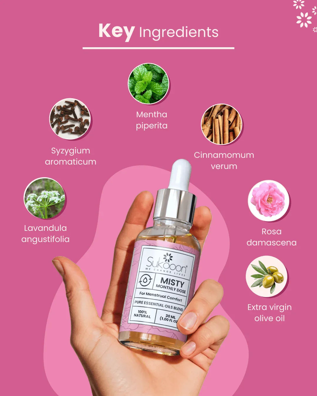 Hand holding Sukooon Misty Monthly Dose essential oil blend with key natural ingredients for menstrual comfort