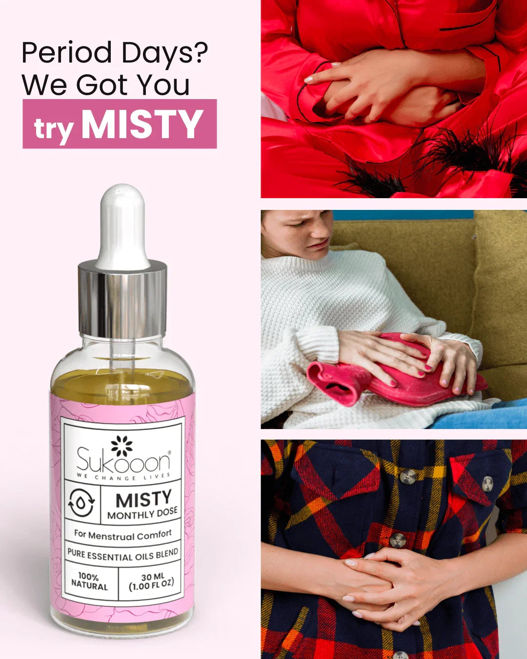 Misty Monthly Dose essential oil blend for menstrual comfort, 100% natural, 30ml bottle with dropper