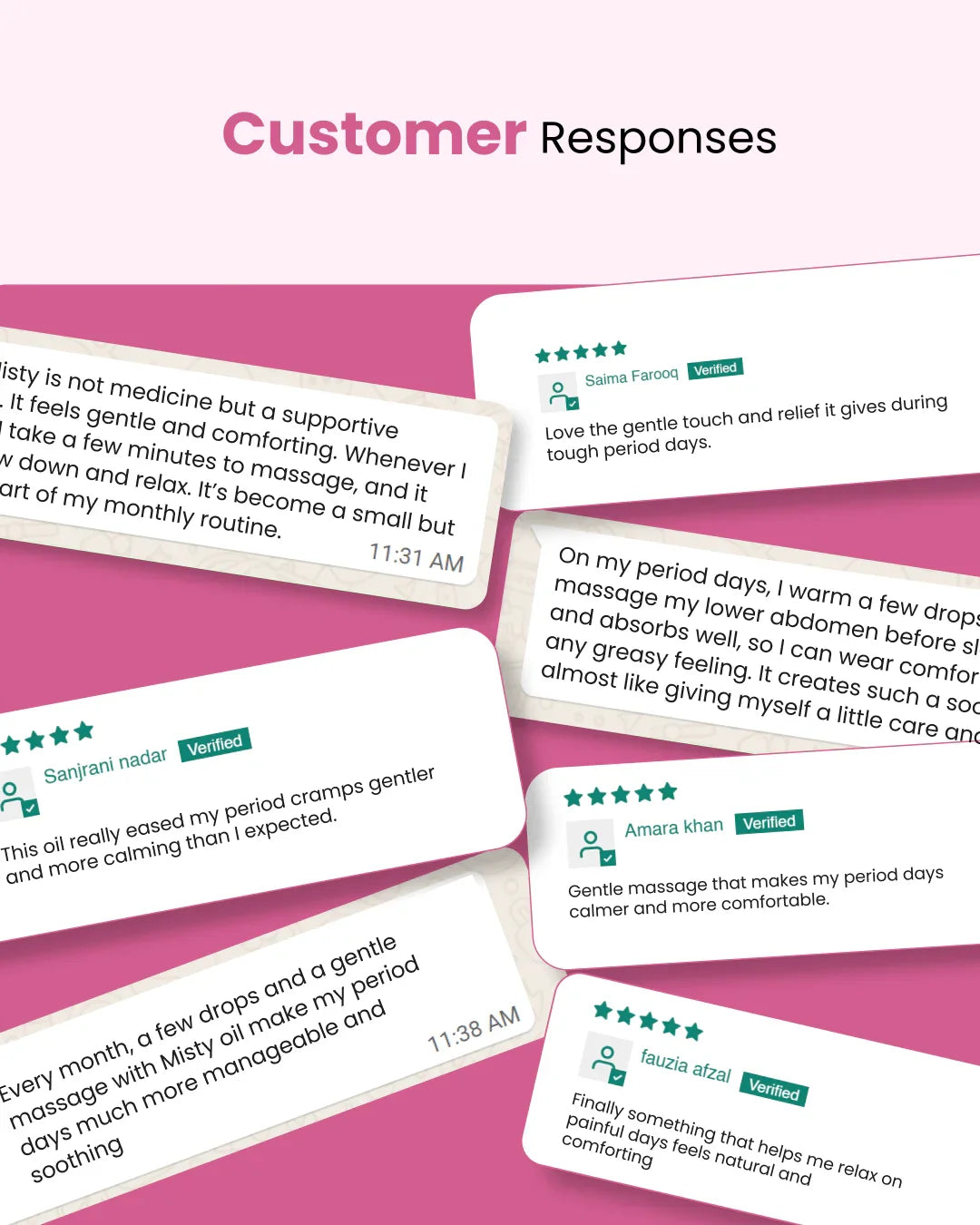 Customer reviews for natural period relief oil with gentle massage benefits, verified 5-star feedback