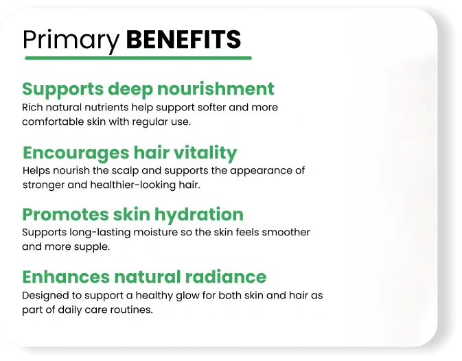 Natural skincare benefits: deep nourishment, hair vitality, hydration & radiance for healthy skin and hair