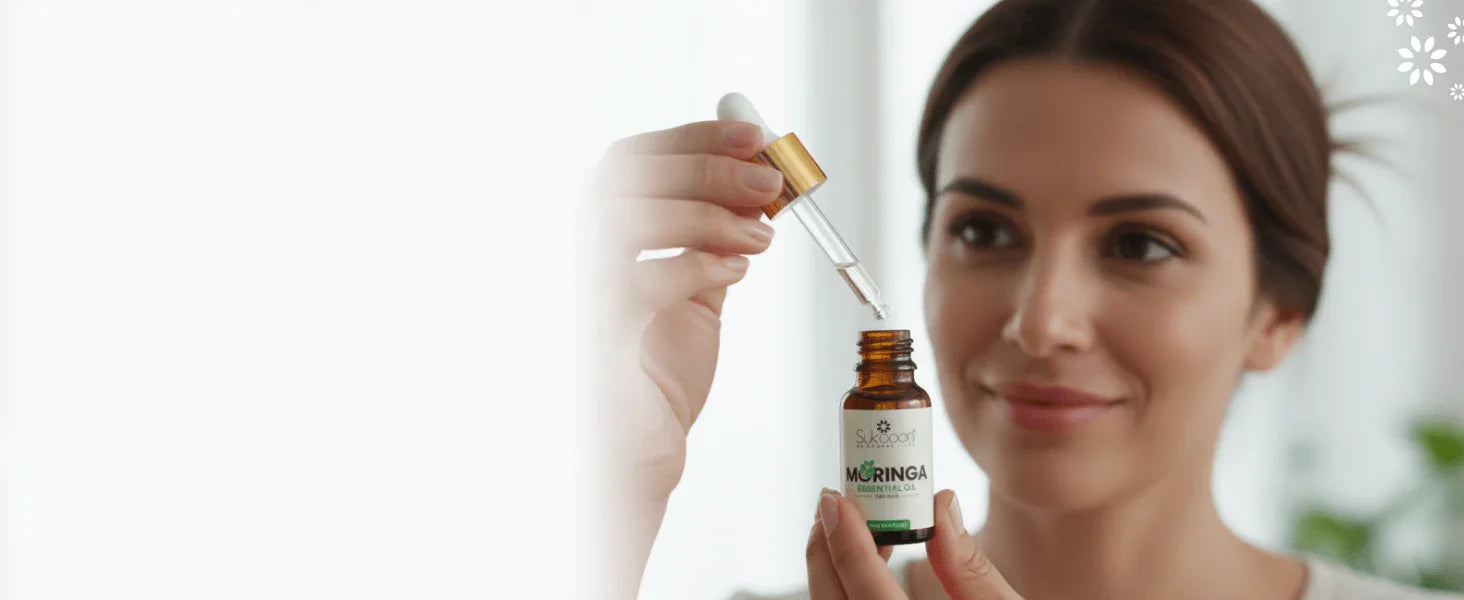 Woman holding Moringa essential oil bottle with dropper, natural wellness product