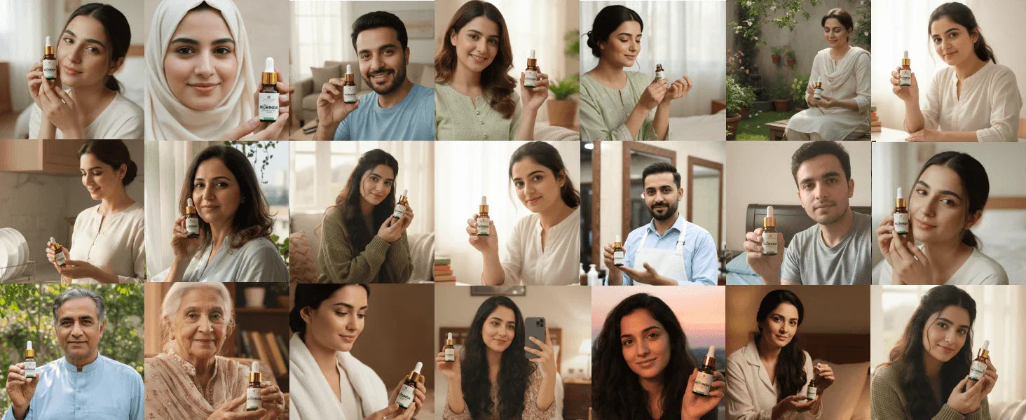 Diverse people holding natural wellness oil bottles in daily settings, showcasing organic beauty and health supplements
