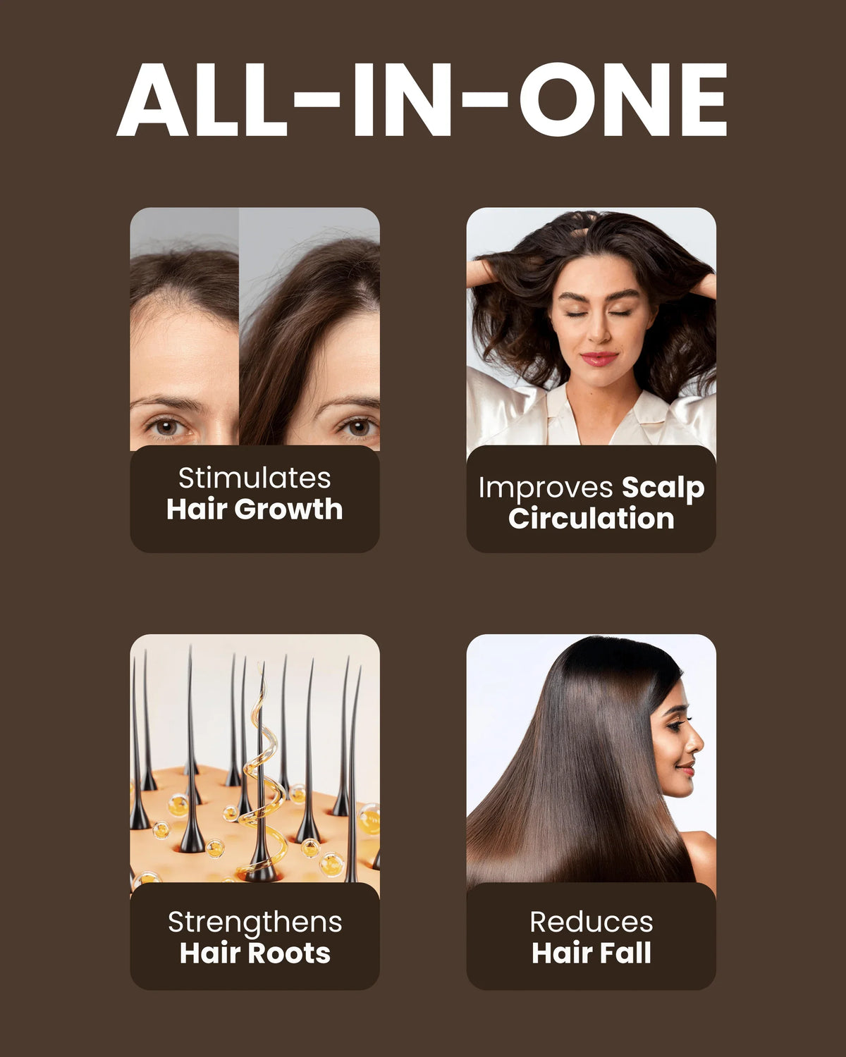 All-in-one hair care: stimulates growth, improves scalp circulation, strengthens roots, reduces hair fall