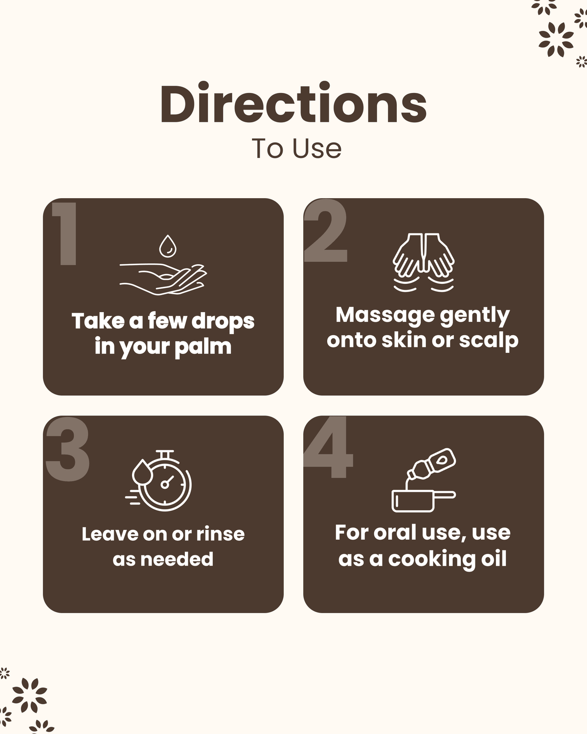 Essential oil usage guide: apply drops, massage skin/scalp, leave or rinse, or use as cooking oil