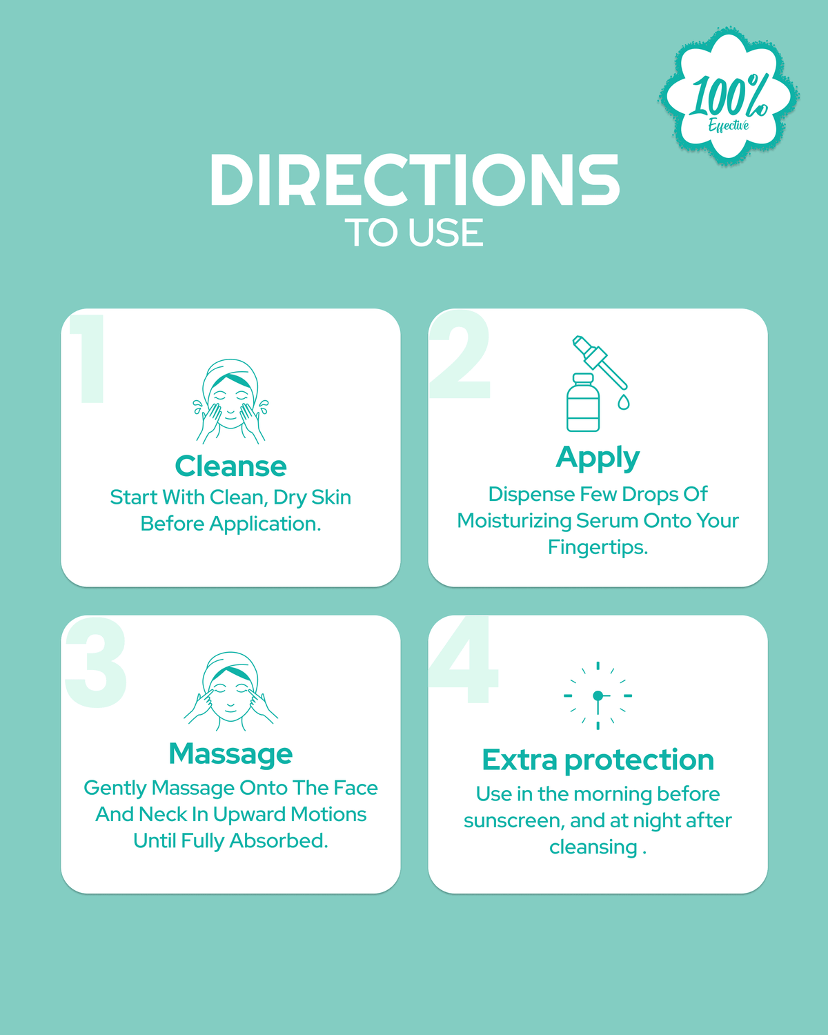 Step-by-step guide to using moisturizing serum: cleanse, apply drops, massage face & neck, use morning and night for extra protection.