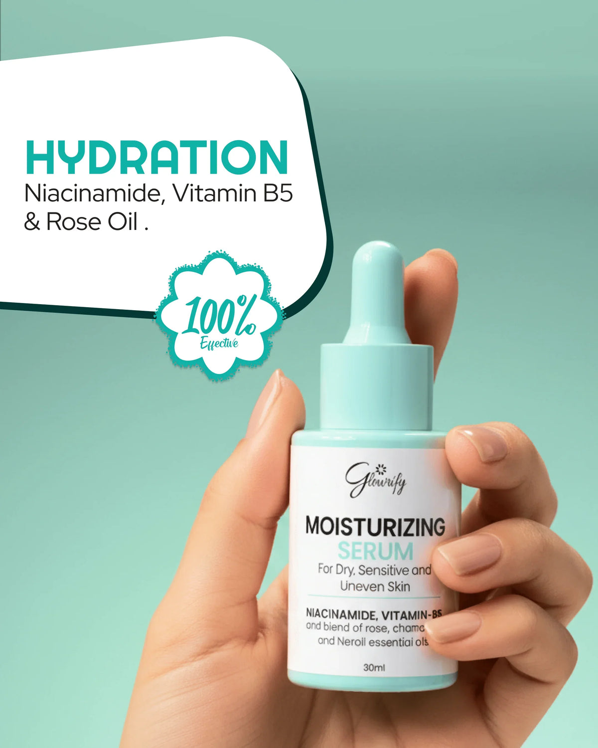 Moisturizing serum with niacinamide, vitamin B5 & rose oil for dry, sensitive skin hydration