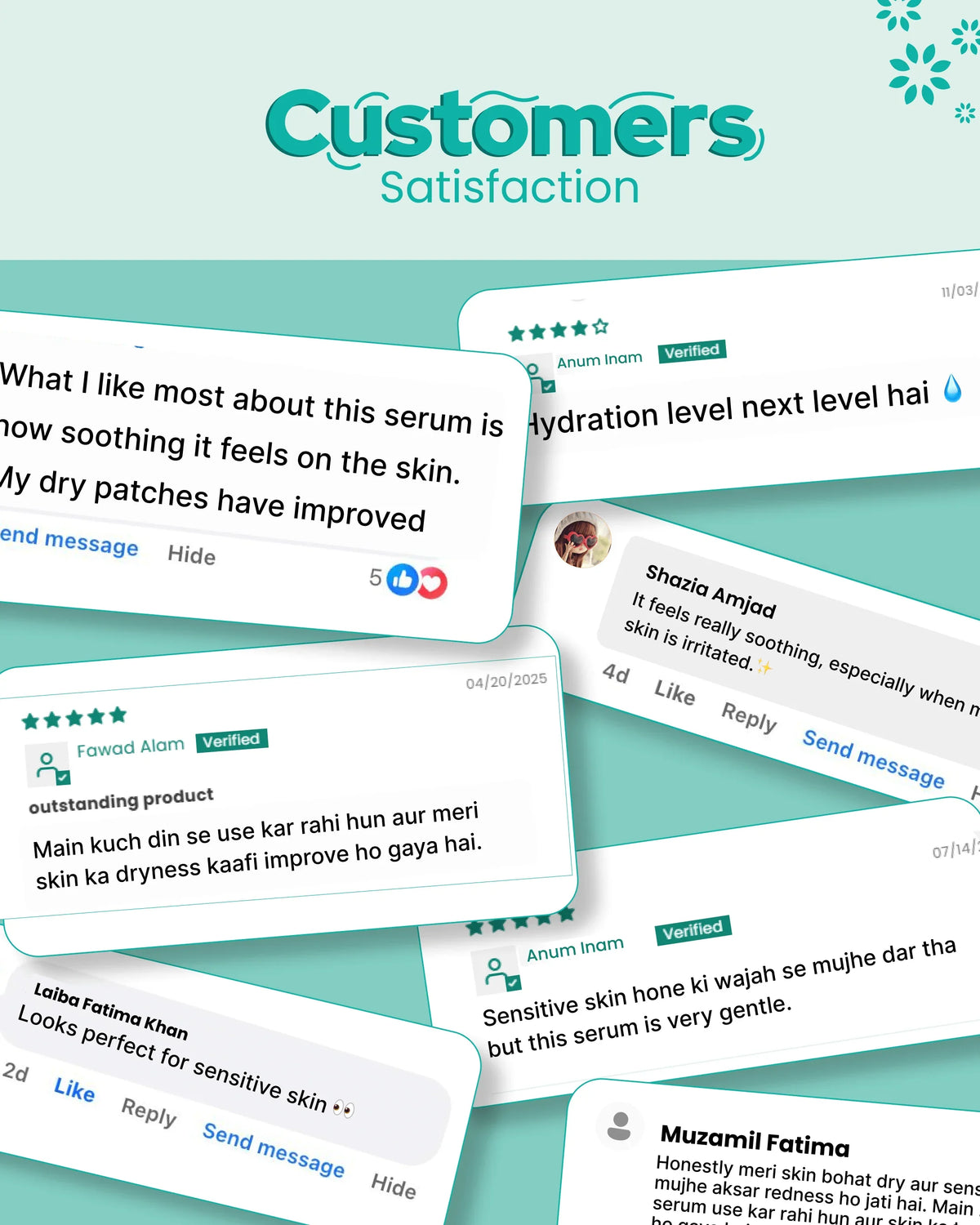 Customer reviews praising soothing serum for sensitive skin hydration and dryness relief