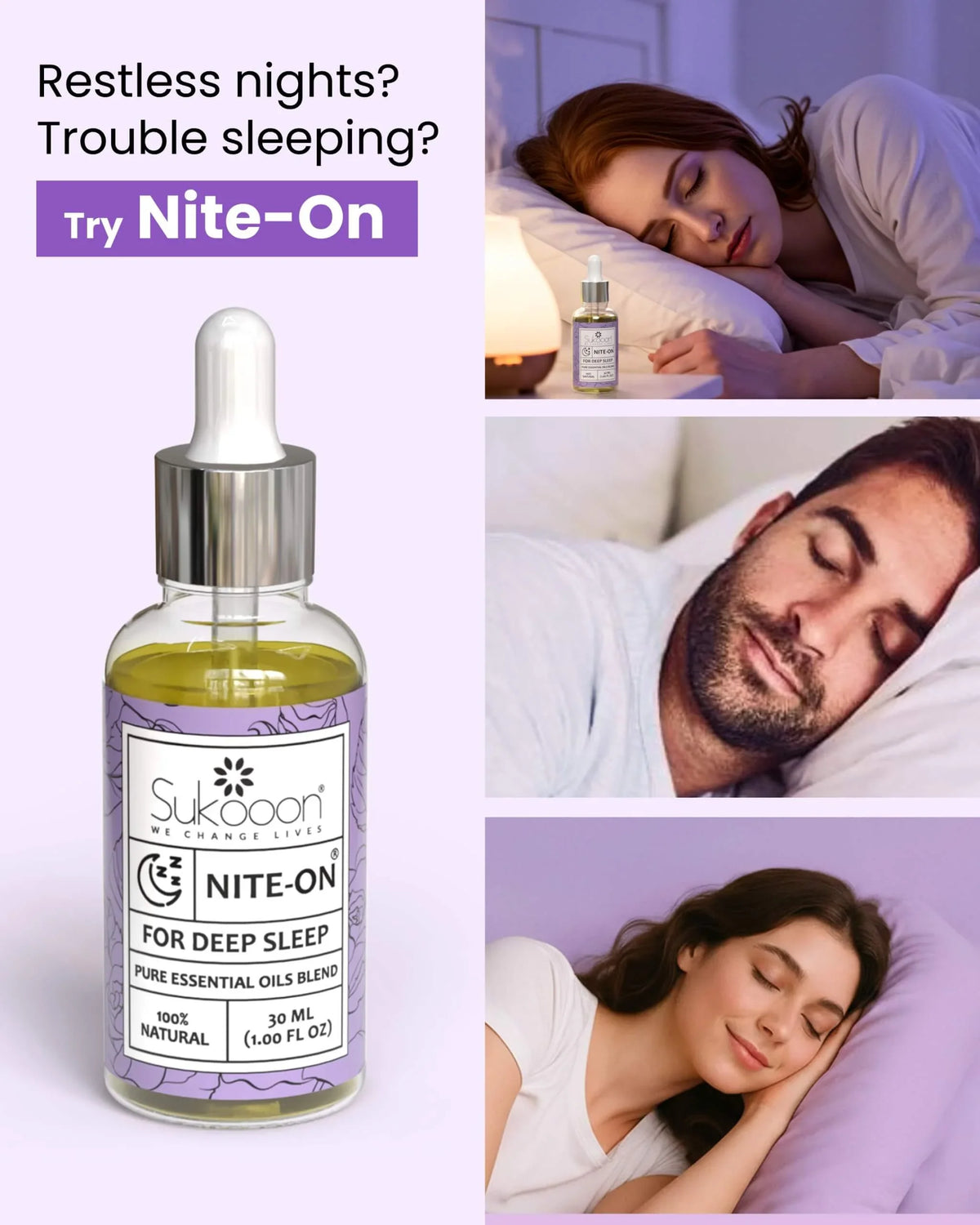 Nite-On pure essential oil blend for deep sleep, 100% natural, helps with restless nights and trouble sleeping