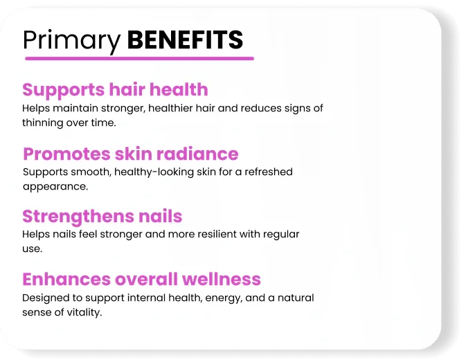 Primary benefits of wellness supplement: supports hair, skin, nails & overall vitality with natural ingredients