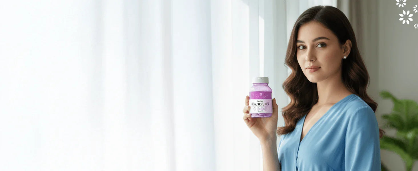 Woman holding Hair Skin Nail supplement bottle near window, natural wellness product