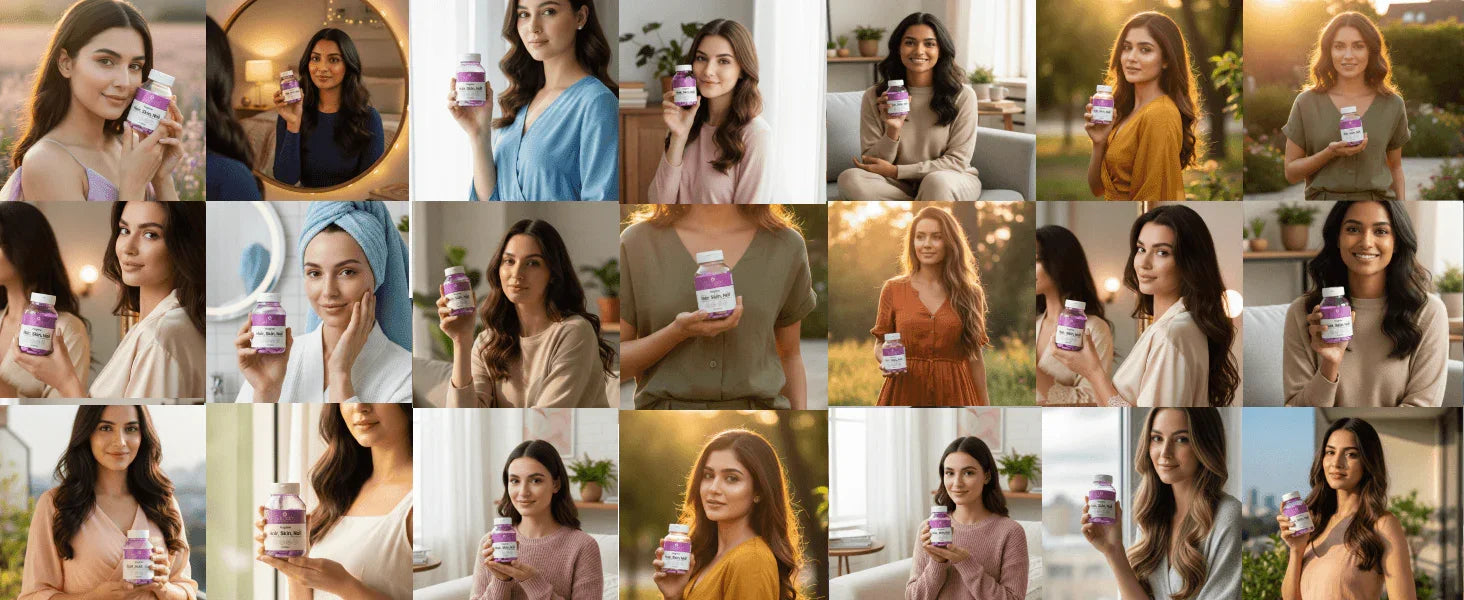 Women holding natural wellness supplements in daily life settings, promoting organic beauty and health