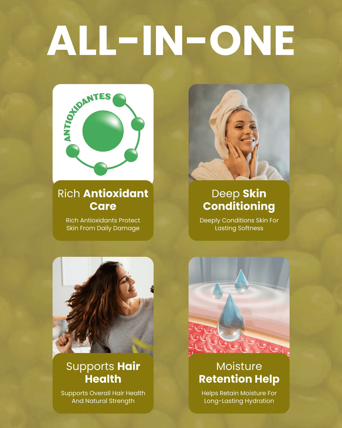 All-in-one wellness product with antioxidant care, deep skin conditioning, hair health support, and moisture retention