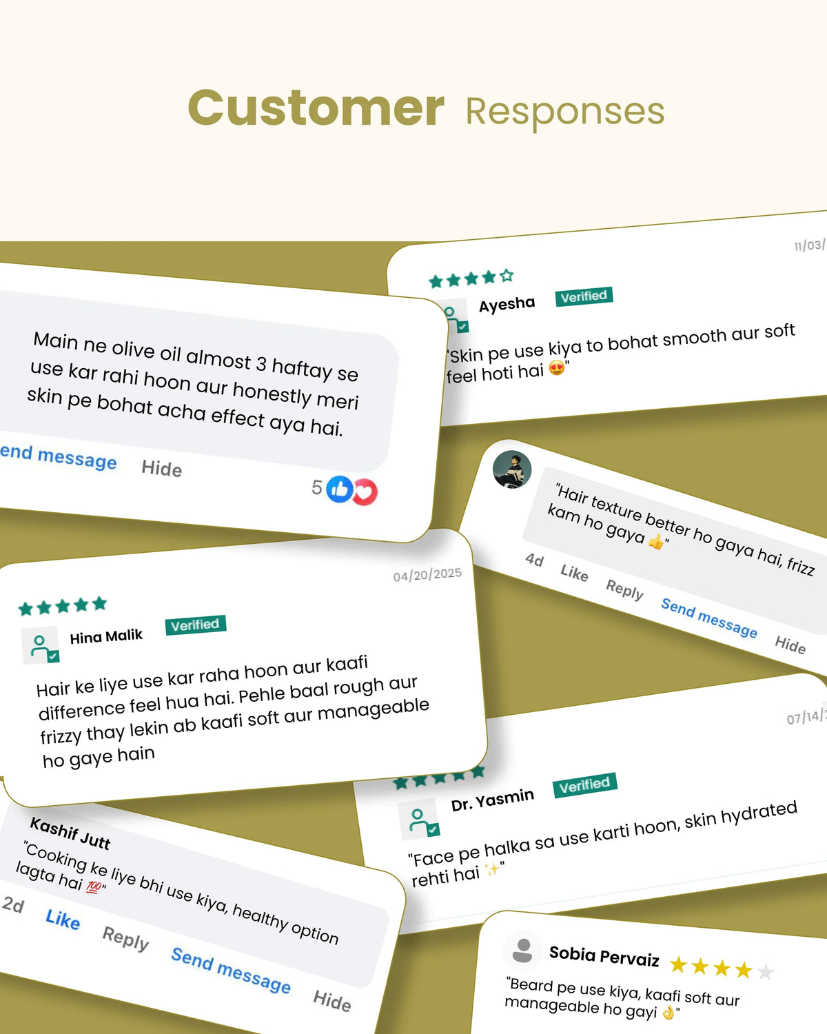 Customer reviews for natural olive oil — smooth skin, soft hair, healthy hydration & beard care testimonials