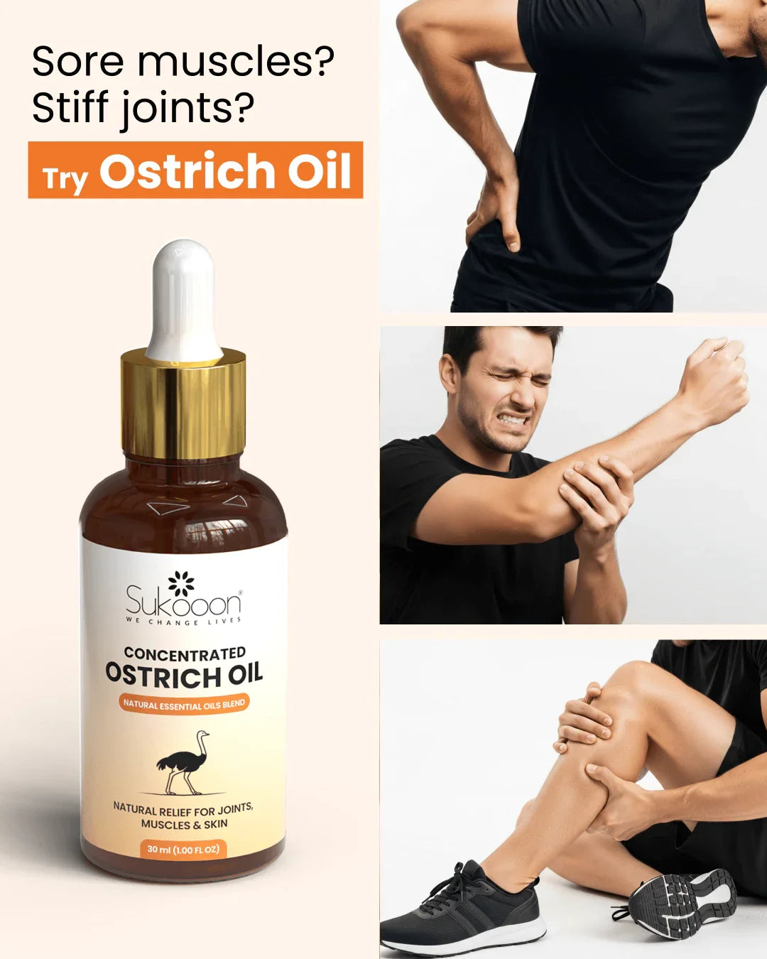 Concentrated Ostrich Oil for sore muscles & stiff joints relief, natural essential oil blend in dropper bottle