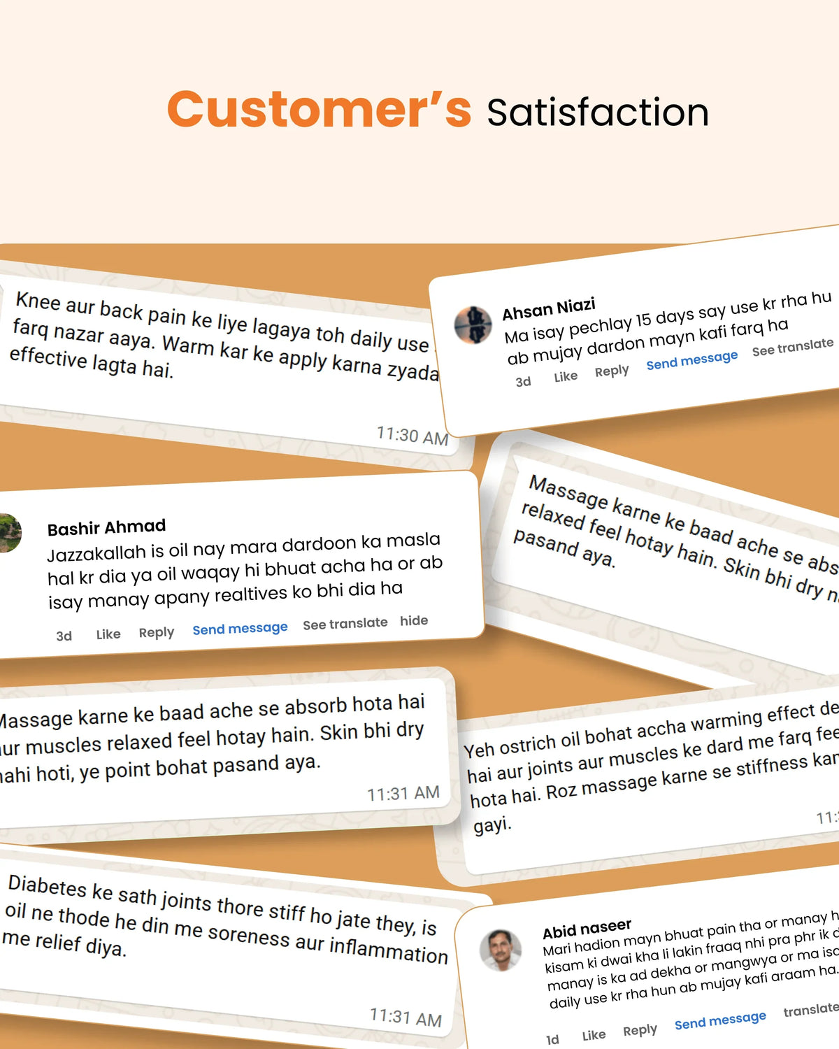 Customer reviews praising natural pain relief oil for joint, back & muscle comfort with warming effect