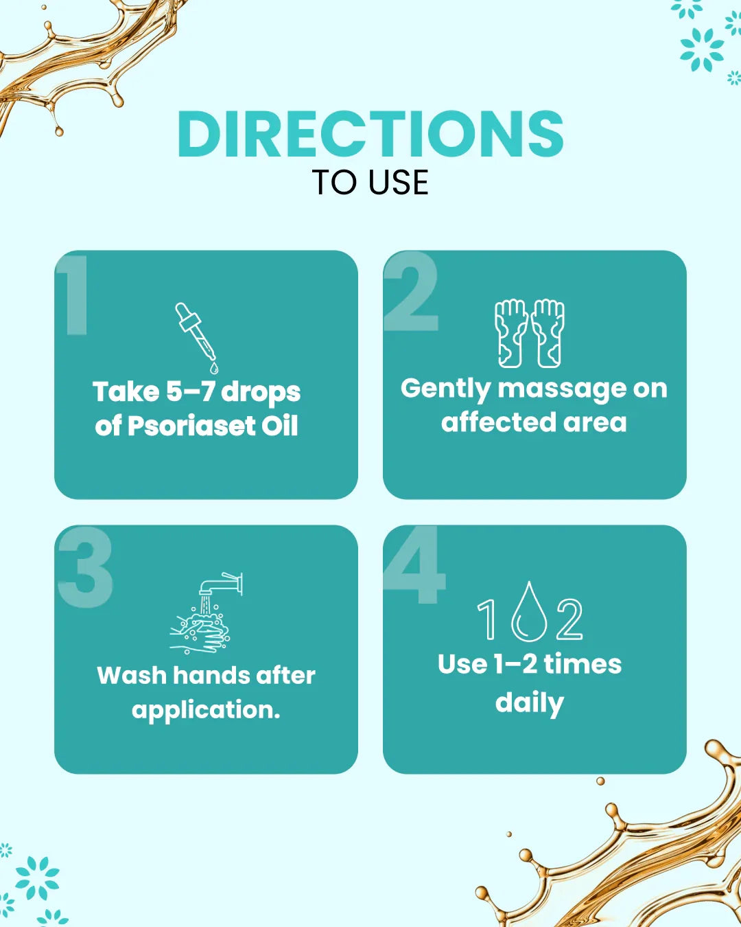 Psoriaset Oil usage guide: 5-7 drops, massage area, wash hands, use 1-2x daily — natural skincare solution
