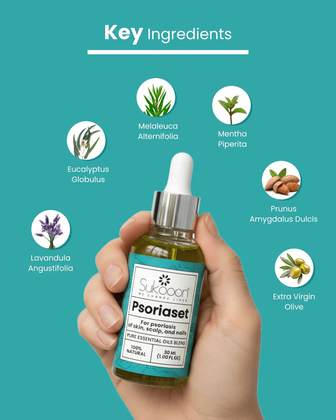 Psoriaset natural essential oil blend for skin, scalp & nails with key ingredients like eucalyptus, lavender, olive oil