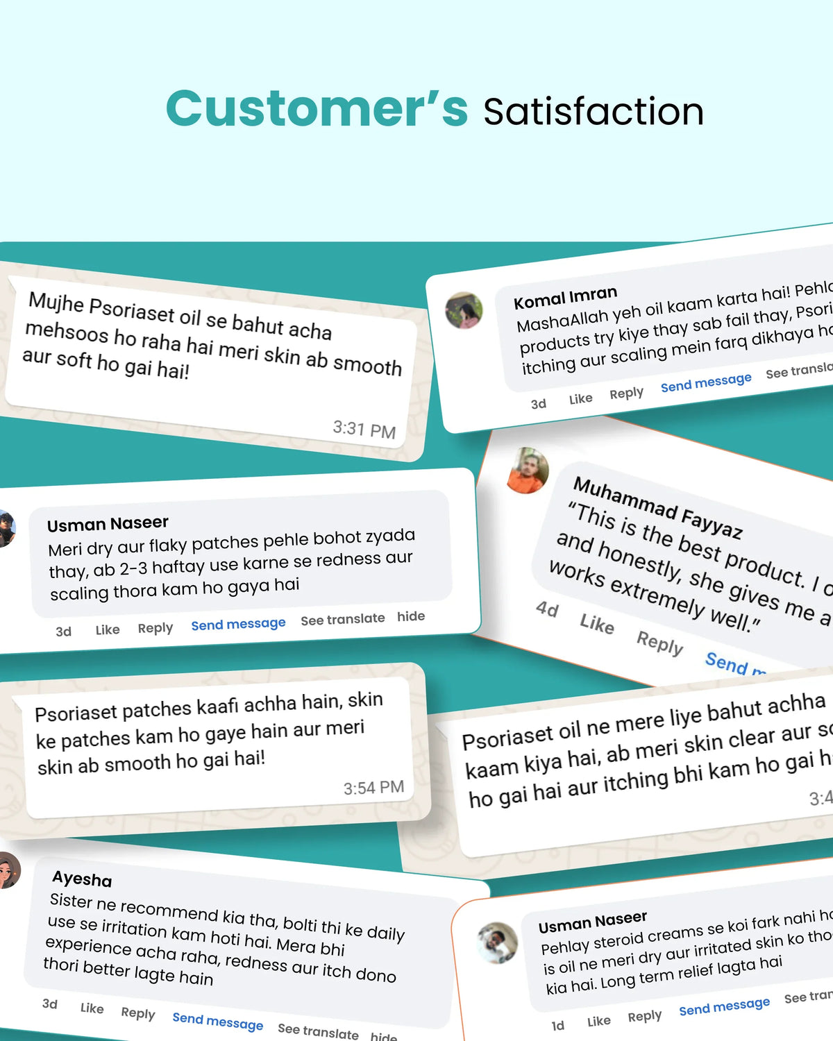 Customer reviews praising Psoriaset oil & patches for smooth skin, reduced itching, and relief from dry, flaky patches