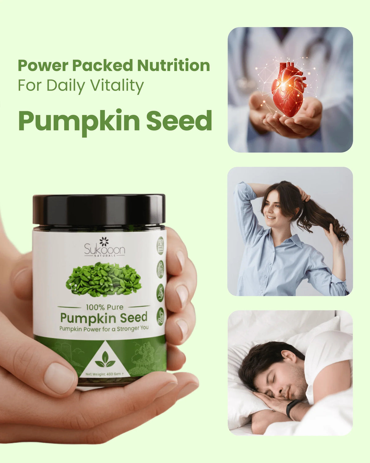 100% pure pumpkin seed supplement for daily vitality, heart health, hair strength, and restful sleep