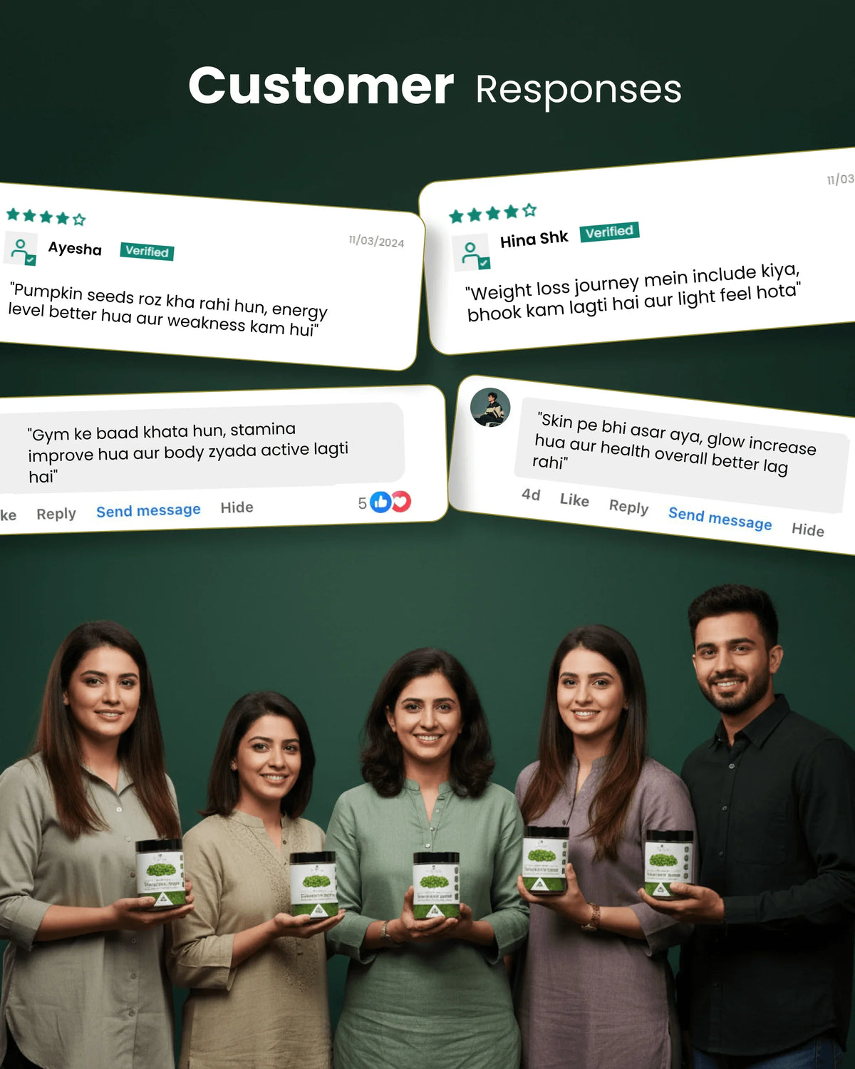 Happy customers holding natural wellness products with glowing reviews on energy, skin, and stamina