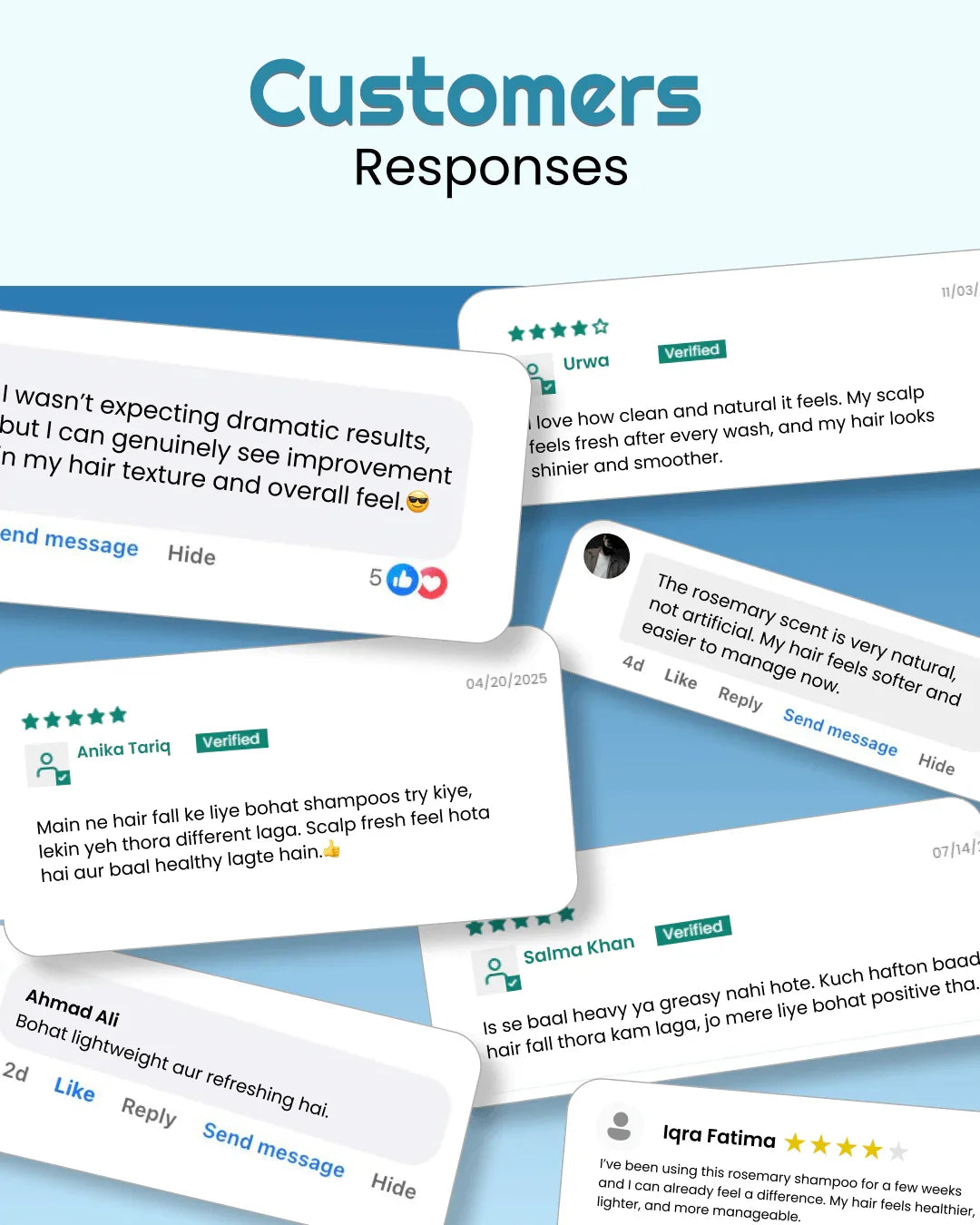 Customer reviews for natural hair care products showing improved texture, scalp health, and rosemary scent benefits
