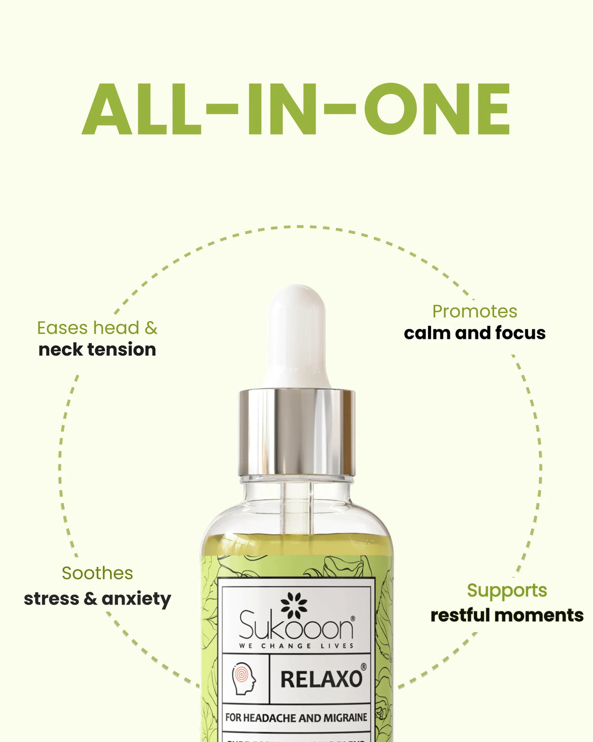 Sukooon Relaxo essential oil blend for headache & migraine relief, eases tension, calms anxiety, promotes focus