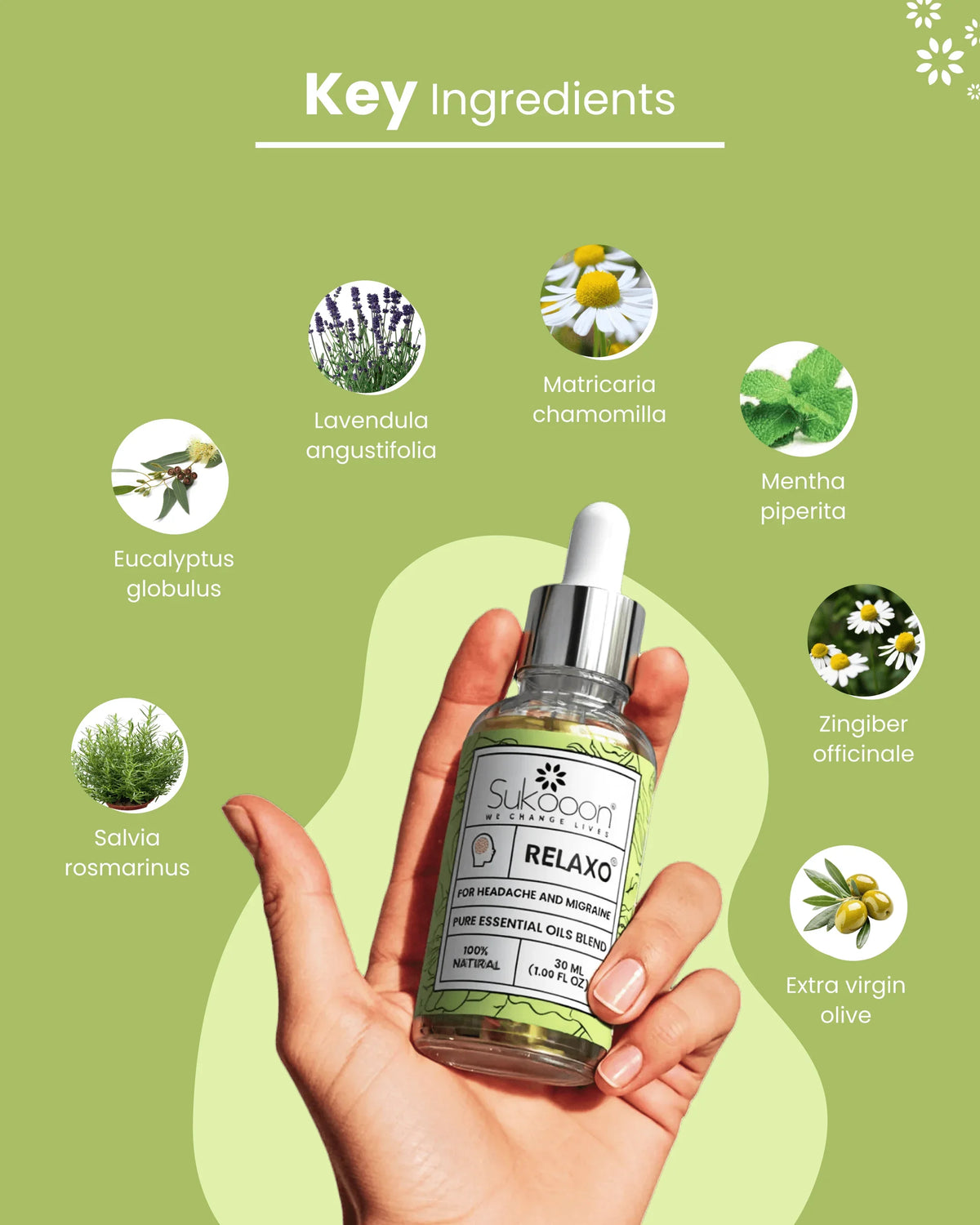 Hand holding RELAXO essential oil blend for headache & migraine, featuring lavender, chamomile, eucalyptus, rosemary, mint, ginger, and olive oil ingredients