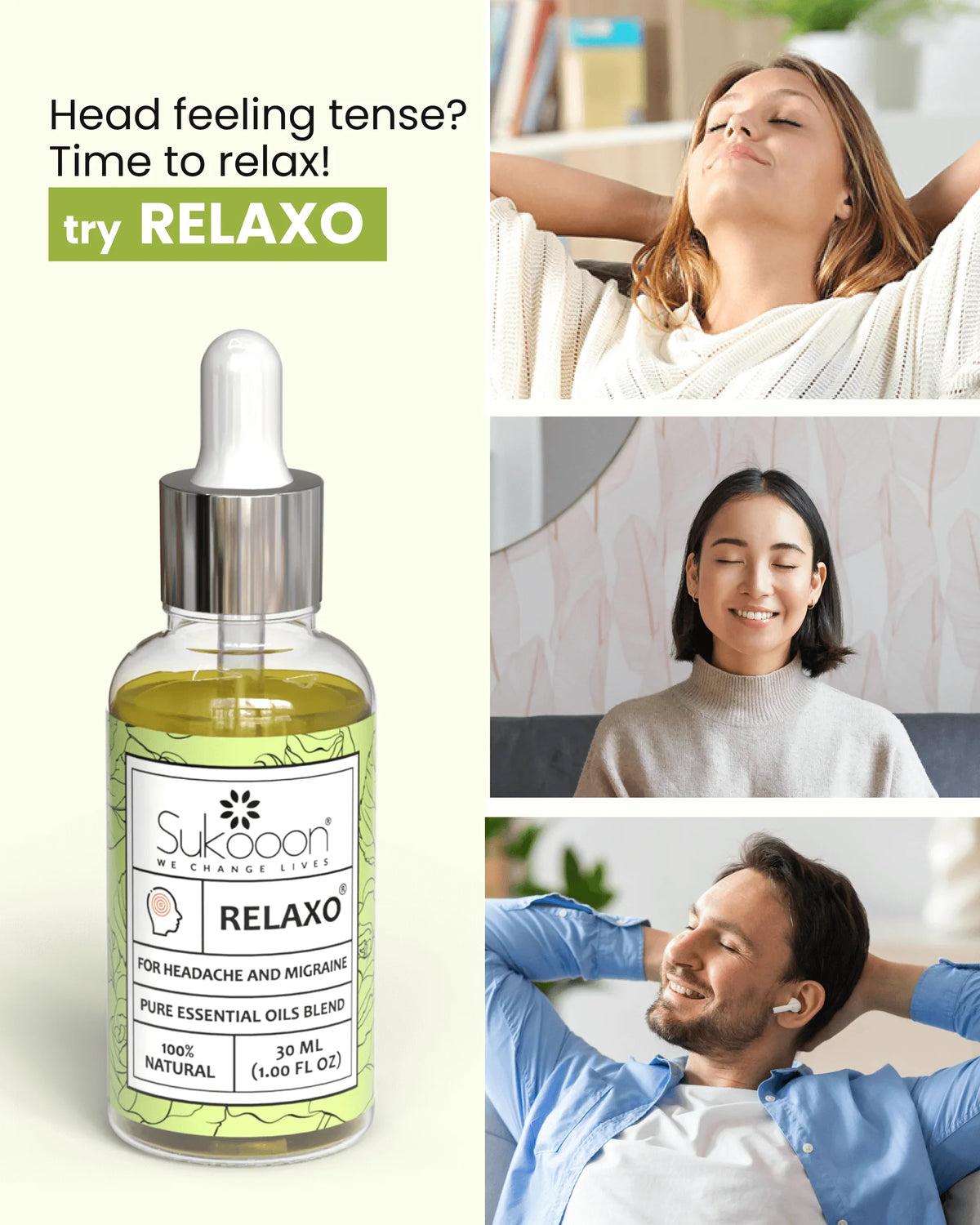 RELAXO essential oil blend for headache & migraine relief, 100% natural, 30ml bottle with dropper