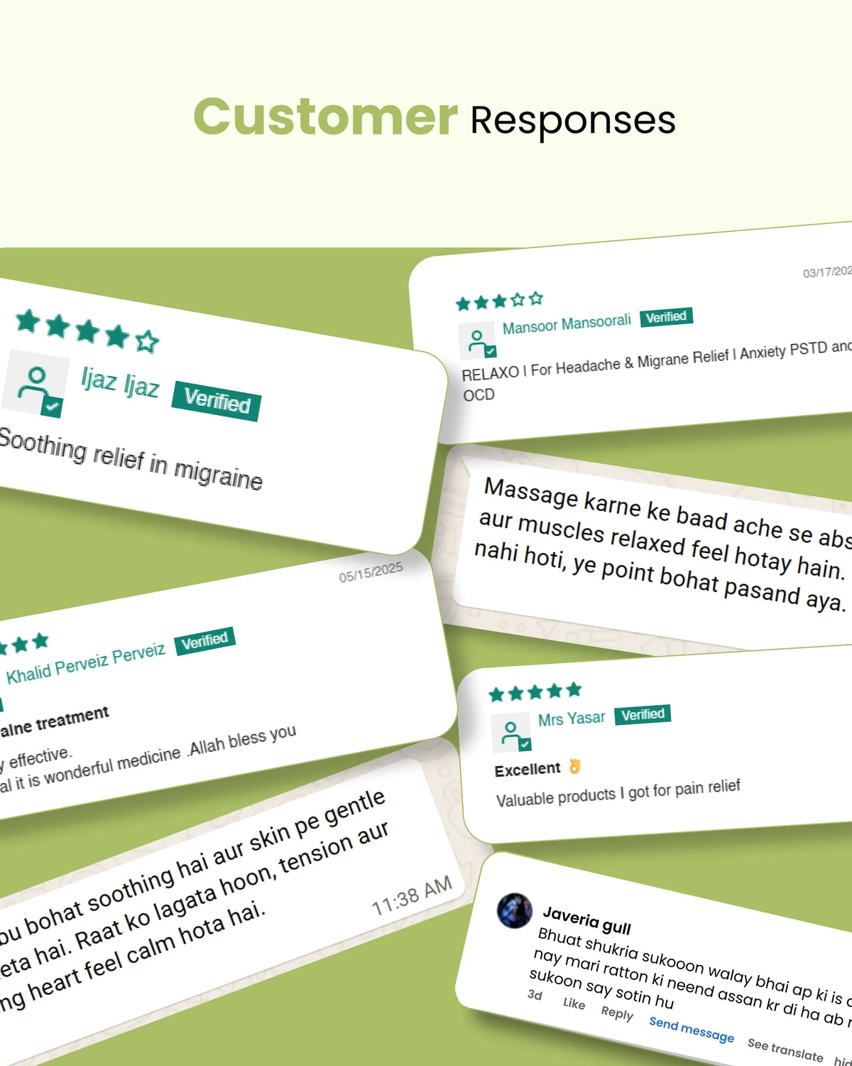 Customer reviews for natural wellness products offering migraine relief, pain management, and anxiety support