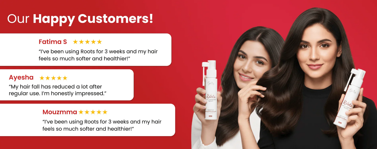 Two women with healthy hair holding Roots hair serum bottles, showcasing customer reviews for natural hair care